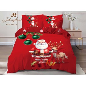 Lenjerie pat dublu,  FINET, Digital Print, Craciun, Roșu, Moș Craciun, ren