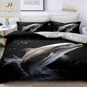 Lenjerie pat dublu, 4 piese, IMPRIMEU 3D Multiplicat Multiplicat, Microfibra, Gri, delfini