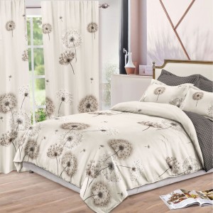 Lenjerie pat dublu,  FINET, 8 piese, cu 2 DRAPERII INCLUSE, Greu, Maro, păpădii 