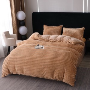 Lenjerie de Pat Dublu, 4 piese, Blăniță Artificială de Iepure Cocolino, Model Gofrat – Moale, Călduroasă și Elegantă pentru Nopți de Vis, Bej