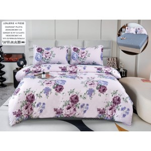 Lenjerie pat dublu, bumbac satinat,  Cearșaf cu ELASTIC 180x200cm, 4 PIESE, Rozaliu, flori