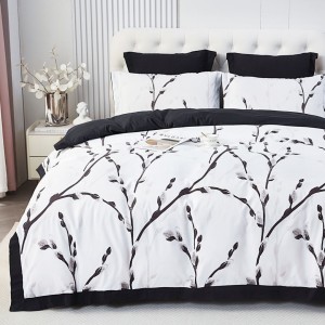 Lenjerie de Pat Dublu, Super Premium,  Finet Ranforsat – Set Exclusivist 6 Piese, Ambalat în Cutie de Lux, Alb, Negru, crengute cu flori