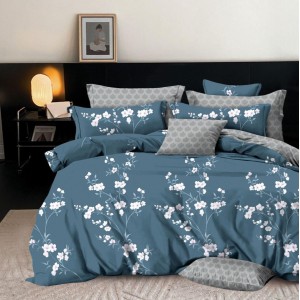 Lenjerie pat dublu,  FINET, 6 piese, Albastru, flori