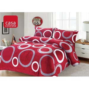 Lenjerie pentru Pat Dublu, Cocolino Premium, 4 Piese – Plușată, Groasă, și Călduroasă, Ideală pentru Iarnă –  Confort Maxim, Antișifonare, Rosu, cercuri