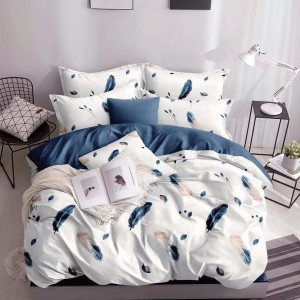 Lenjerie pat dublu, bumbac satinat,  cu elastic, Albastru, pene