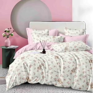 Lenjerie pat 1 PERSOANA,  FINET, 4 piese, Jojo Home, Alb-Roz, flori, ursuleti