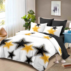 Lenjerie Pat Dublu,  FINET, 6 piese, Alb, Galben, Negru, Stelute