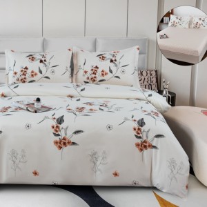 Lenjerie pat dublu, bumbac satinat,  cu ELASTIC, 4 PIESE, crem, flori