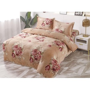 Lenjerie pat dublu, Super Pufoasa COCOLINO, 4 piese, cu ELASTIC, BEJ, flori