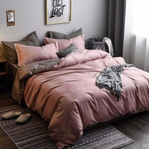 Lenjerie pat dublu cu doua feţe, bumbac satinat, 4 piese,  Gri-Roz, patratele