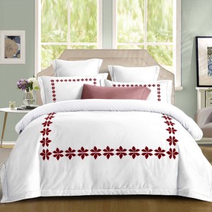 Lenjerie pat dublu, Primăvara,  FINET, Cearsaf cu Elastic 180x200cm, 4 piese, Alb, Roșu, model traditional - Lux Absolut, Delicatețe și Eleganță Desăvârșită