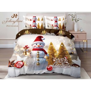 Lenjerie pat dublu, FINET, Digital Print, Craciun, Gri, Multicolor, om de zăpadă, brazi, clopotel Lenjerie pat dublu, FINET, Digital Print, Craciun, Gri, Multicolor, om de zăpadă, brazi, clopotel