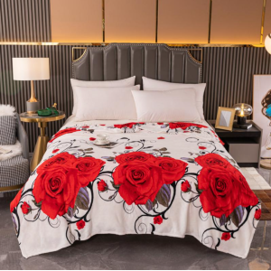 Patura pufoasa cocolino 200x230cm, 240g/mp, Alb, trandafiri rosii