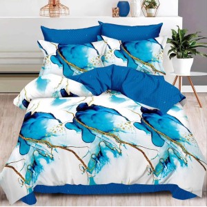 Lenjerie pat dublu,  FINET, 6 piese, cu ELASTIC, Albastru, abstract