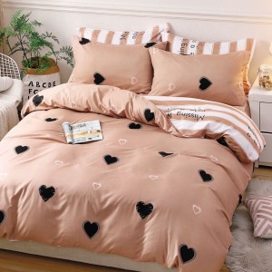 Lenjerie pat 1 PERSOANA, 4 piese, cu ELASTIC,  Maro, inimioare