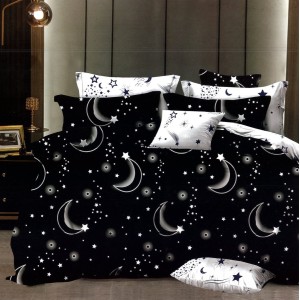 Lenjerie pat dublu,  FINET, 6 piese, cu ELASTIC, Negru, stelute