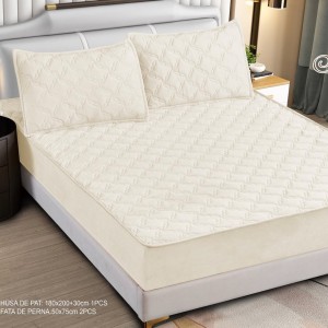 Husă Matlasată Tip Topper din Catifea 180x200cm, cu 2 Fețe de Pernă 50x70cm -  Somn Odihnitor și Susținere pentru Spate, Crem