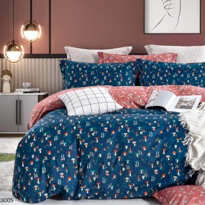 Lenjerie pat Single, BUMBAC 100% Percal, cu 2 Fețe, 4 piese, Bleumarin, Roz, Ciupercute