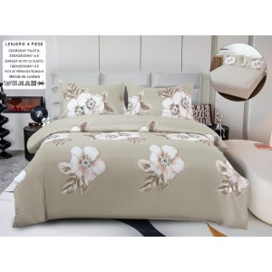 Lenjerie pat dublu, bumbac satinat,  Cearșaf cu ELASTIC 180x200cm, 4 PIESE, Bej, flori