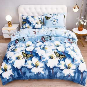 Lenjerie pentru Pat Dublu, Cocolino Premium, 4 Piese – Plușată, Groasă, și Călduroasă, Ideală pentru Iarnă –  Confort Maxim, Antișifonare, Bleu, Alb, flori