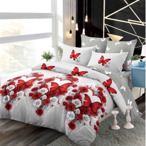 Lenjerie pat dublu,  FINET, cu elastic, 6 piese, Gri-Rosu, fluturi, trandafiri