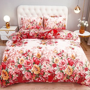 Lenjerie pentru Pat Dublu, Cocolino Premium, 4 Piese – Plușată, Groasă, și Călduroasă, Ideală pentru Iarnă –  Confort Maxim, Antișifonare, Crem, Roșu, trandafiri