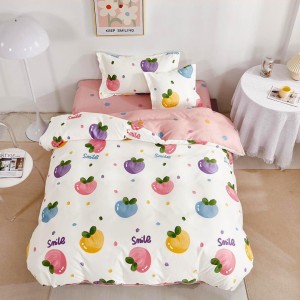 Lenjerie pat 1 PERSOANA,  FINET, 4 piese, cu ELASTIC, Alb-Roz, fructe, buline