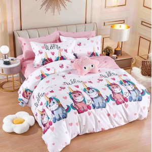 Lenjerie pat dublu,  FINET, 6 piese, cu ELASTIC, Jojo Home, Roz, unicorni, inimioare