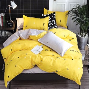 Lenjerie pat dublu cu doua feţe, bumbac satinat, 4 piese,  Galben, stelute, gene