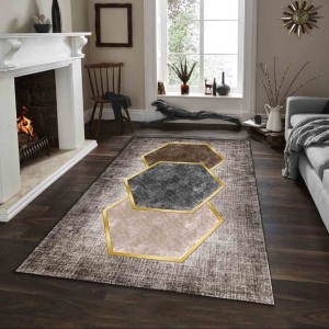 Covor Antiderapant, Design Hexagon, 180x280cm, Maro/Gri/Auriu