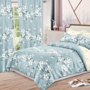 Lenjerie pat dublu,  FINET, 8 piese, cu 2 DRAPERII INCLUSE, Bleu, flori