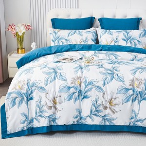 Lenjerie de Pat Dublu, Super Premium,  Finet Ranforsat – Set Exclusivist 6 Piese, Ambalat în Cutie de Lux, Alb, Bleu, flori