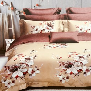 Lenjerie pat dublu,  FINET, 6 piese, Bej, flori