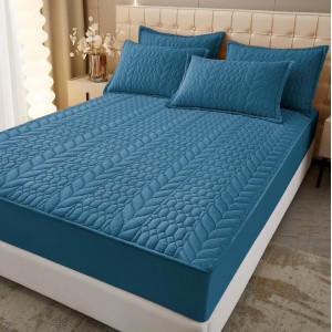 Husã matlasatã tip topper din catifea, 160x200cm + 2 fete de perna 50x70cm, albastru