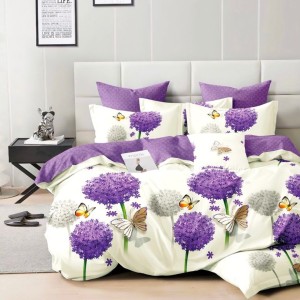 Lenjerie de Pat Dublu, 4 Piese, din Bumbac 100% Percalle cu Două Fețe – Confort Premium, Design Versatil și Durabilitate de Excepție, Crem, Mov, flori