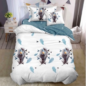 Lenjerie pat 1 PERSOANA,  FINET, 4 piese, cu ELASTIC, Alb-Bleu, pene