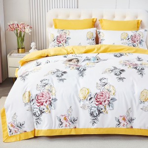 Lenjerie de Pat Dublu, Super Premium,  Finet Ranforsat – Set Exclusivist 6 Piese, Ambalat în Cutie de Lux, Alb, Galben, flori