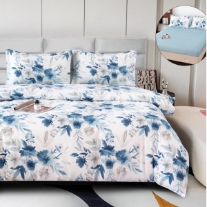 Lenjerie pat dublu, bumbac satinat,  cu ELASTIC, 4 PIESE, albastru, flori