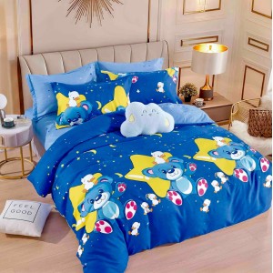 Lenjerie pat dublu,  FINET, 6 piese, cu ELASTIC, Jojo Home, Albastru, stelute, ursuleti