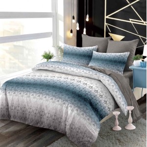 Lenjerie pat dublu,  FINET, cu elastic, 6 piese, Gri, Albastru, Model Oriental