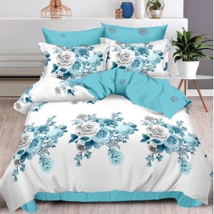 Lenjerie pat dublu,  FINET, 6 piese, cu ELASTIC, Bleu, flori