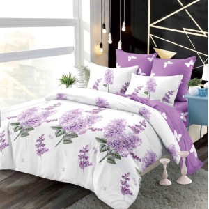 Lenjerie pat dublu,  FINET, cu elastic, 6 piese, Lila, flori