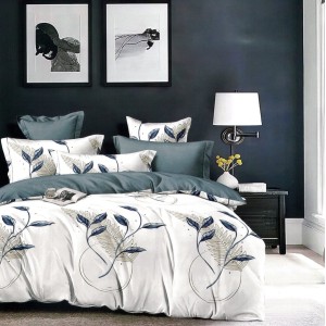 Lenjerie pat dublu,  FINET, 6 piese, Albastru, frunze, pene