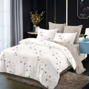 Lenjerie pat dublu,  FINET, cu elastic, 6 piese, Crem, Bej, Stelute