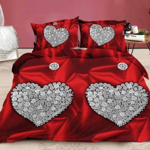 Lenjerie pat dublu, 4 piese, IMPRIMEU 3D Multiplicat Multiplicat, Microfibra, Rosu, inimioare