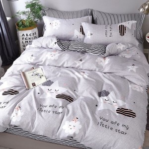 Lenjerie pat 1 PERSOANA, 4 piese, cu ELASTIC,  Gri, stelute, norisori