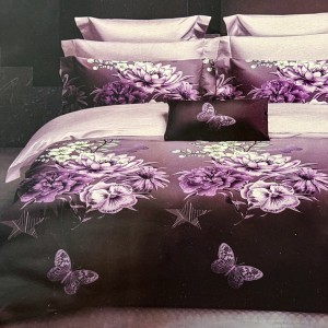 Lenjerie pat dublu,  FINET, 6 piese, Negru, Mov, flori