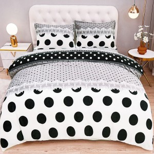 Lenjerie pentru Pat Dublu, Cocolino Premium, 4 Piese – Plușată, Groasă, și Călduroasă, Ideală pentru Iarnă –  Confort Maxim, Antișifonare, Alb, Negru, buline