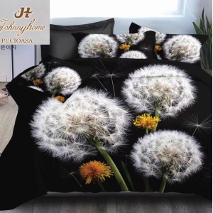 Lenjerie pat dublu, 4 piese, IMPRIMEU 3D Multiplicat Multiplicat, Microfibra, Negru, papadii