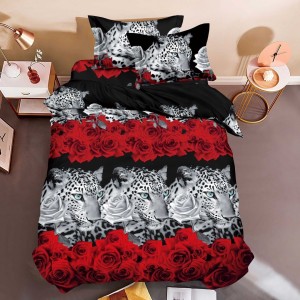 Lenjerie pat 1 PERSOANA, 3 piese, IMPRIMEU 3D Multiplicat, Microfibra, Negru-Rosu, trandafiri, leoparzi